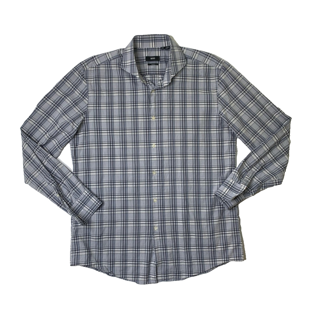 Hugo Boss Shirt Mens 17 Blue Gray White Slim Fit Cotton Plaid Long Sleeve Dress